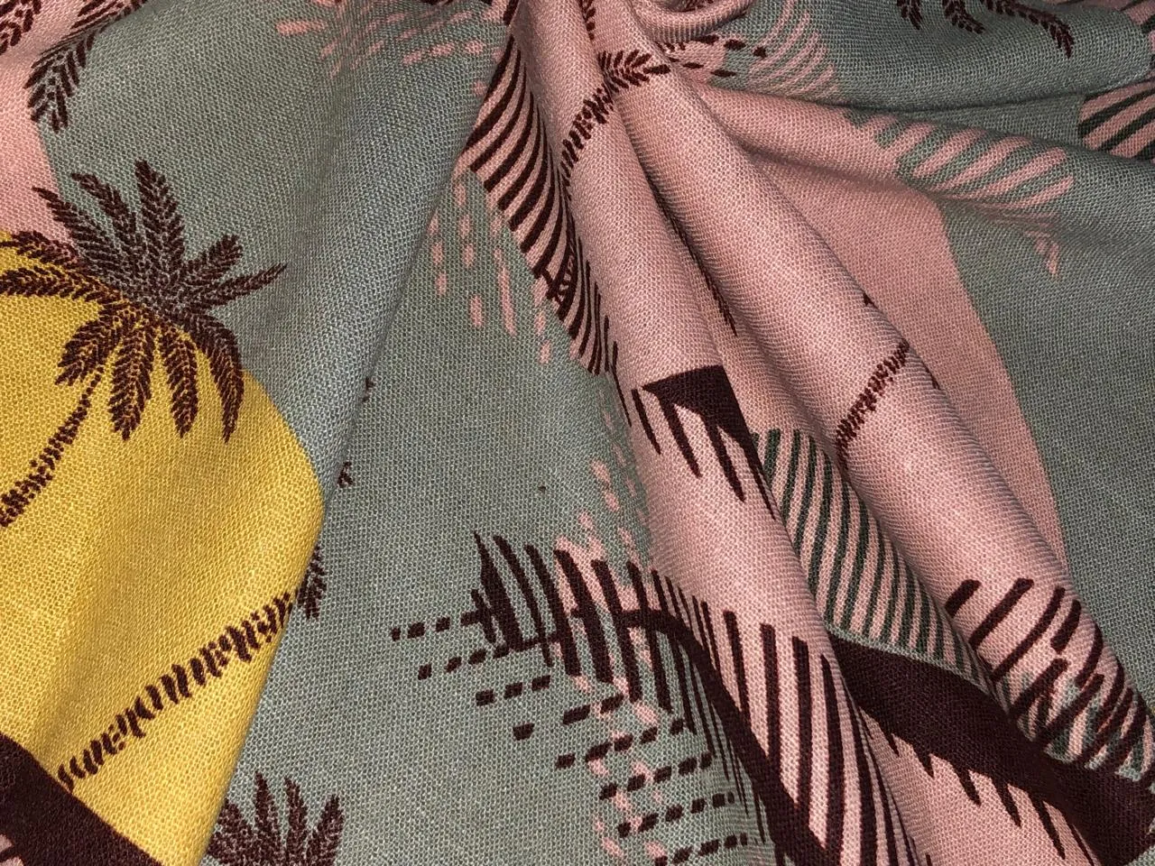 100% Cotton double cloth cotton print available in 4 different prints beach palms / blueish grey floral / pretty dainty pink orange floral AND dark ivory orange flower motif