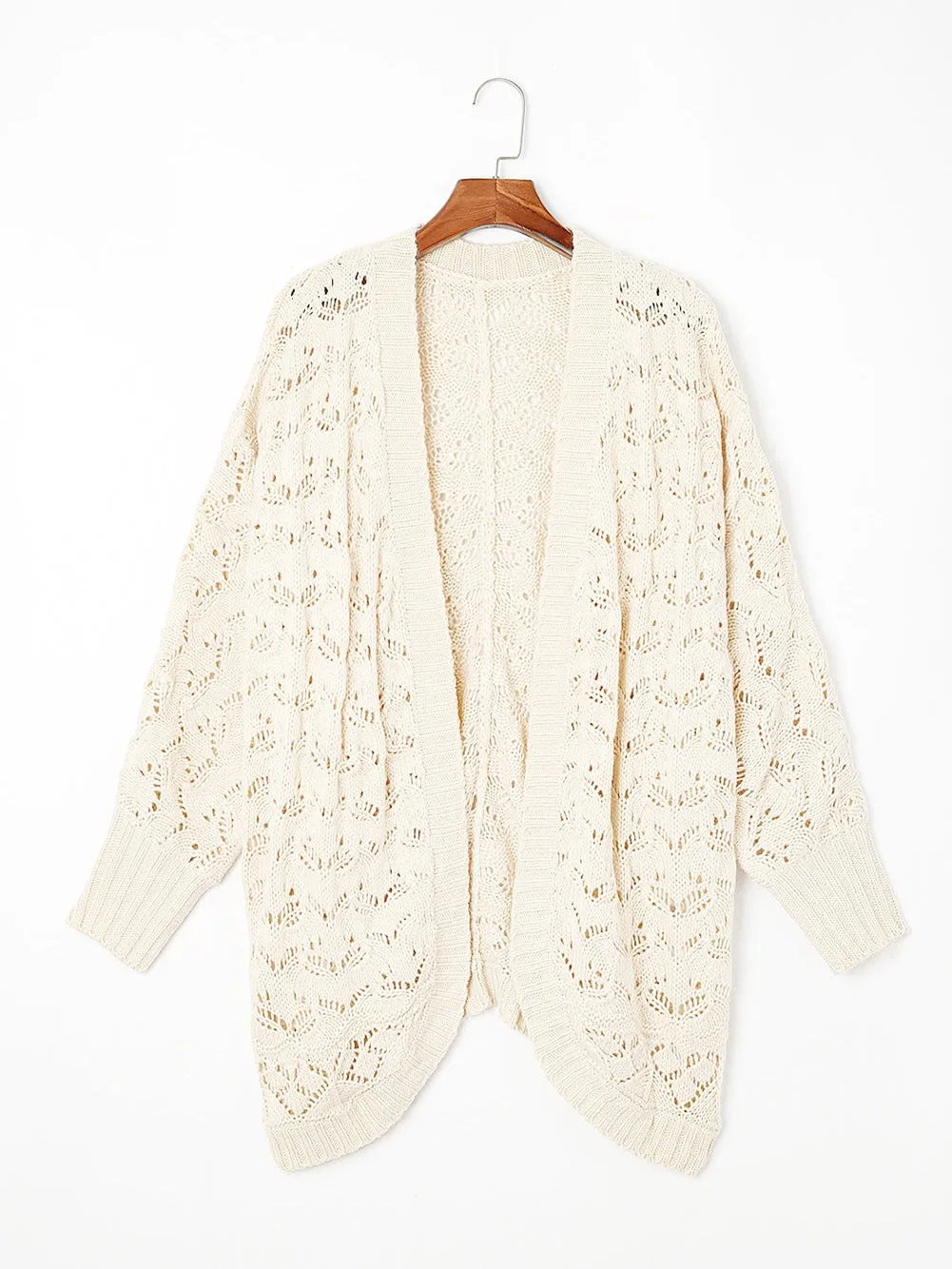 Beige Plus Size Textured Knit Open Ribbed Trim Cardigan