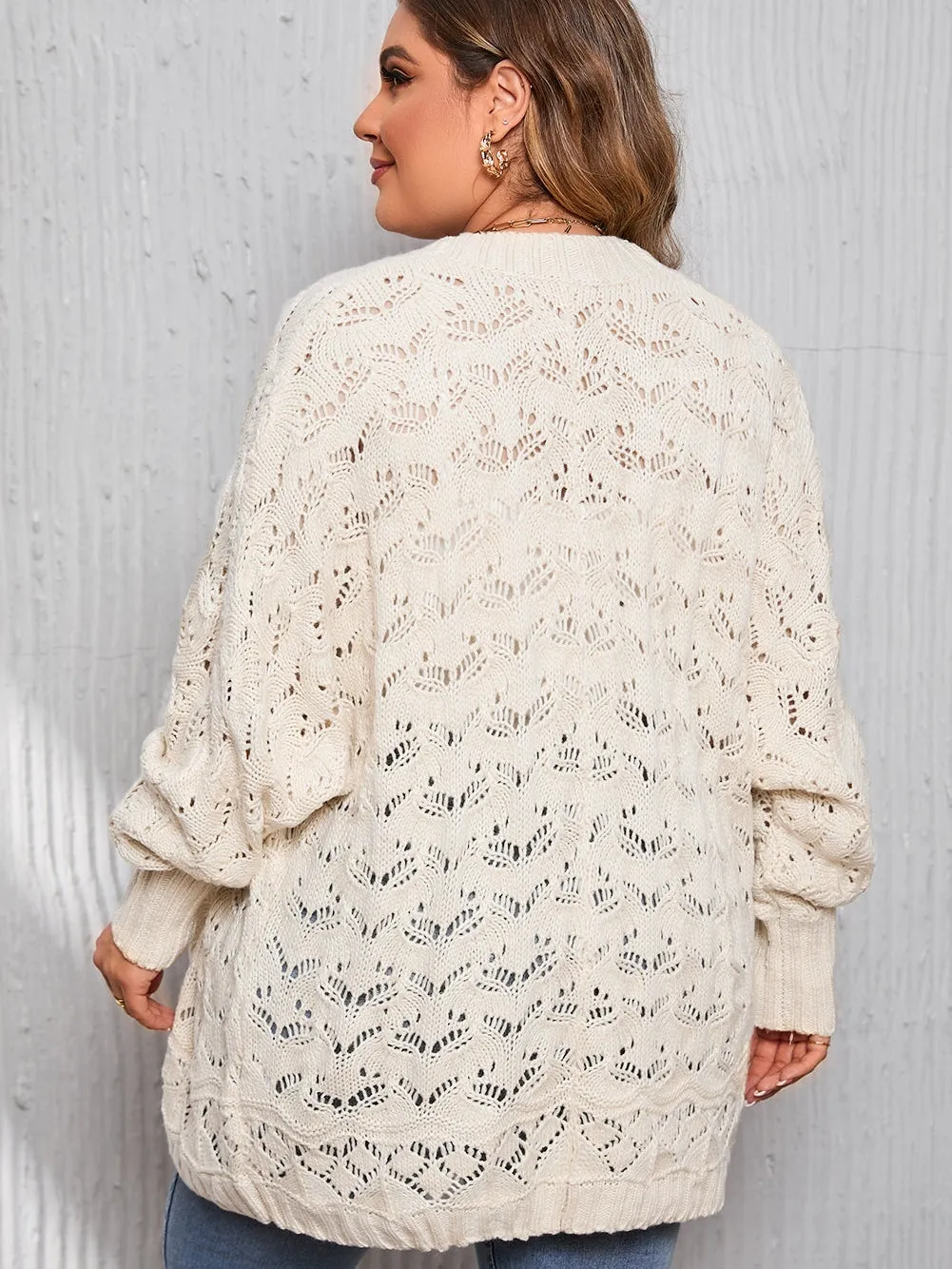 Beige Plus Size Textured Knit Open Ribbed Trim Cardigan