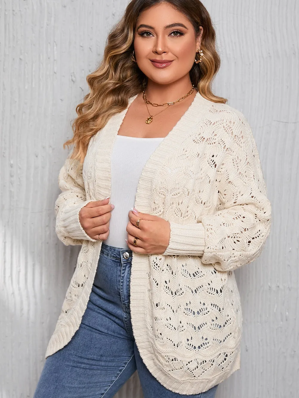 Beige Plus Size Textured Knit Open Ribbed Trim Cardigan