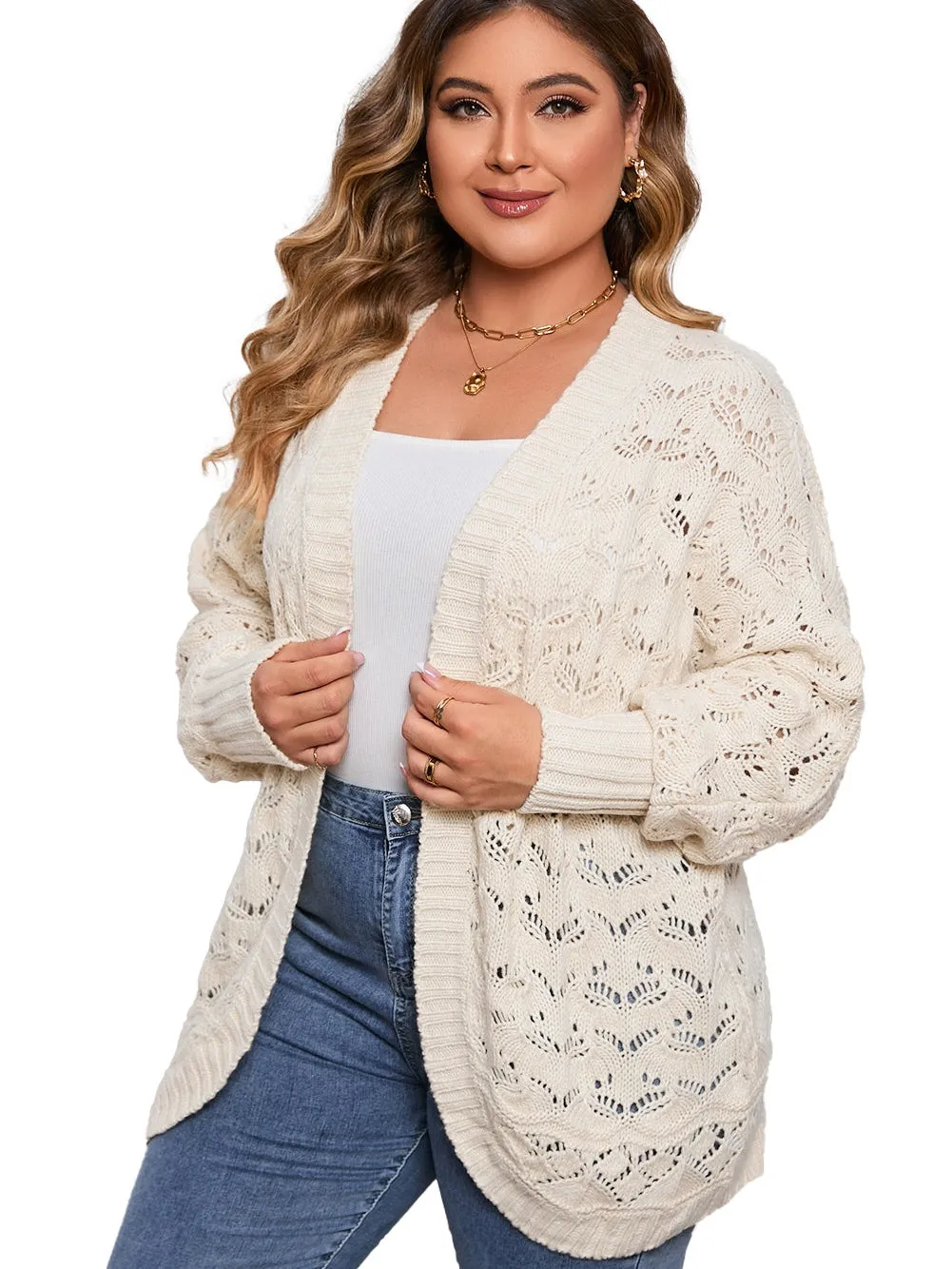 Beige Plus Size Textured Knit Open Ribbed Trim Cardigan