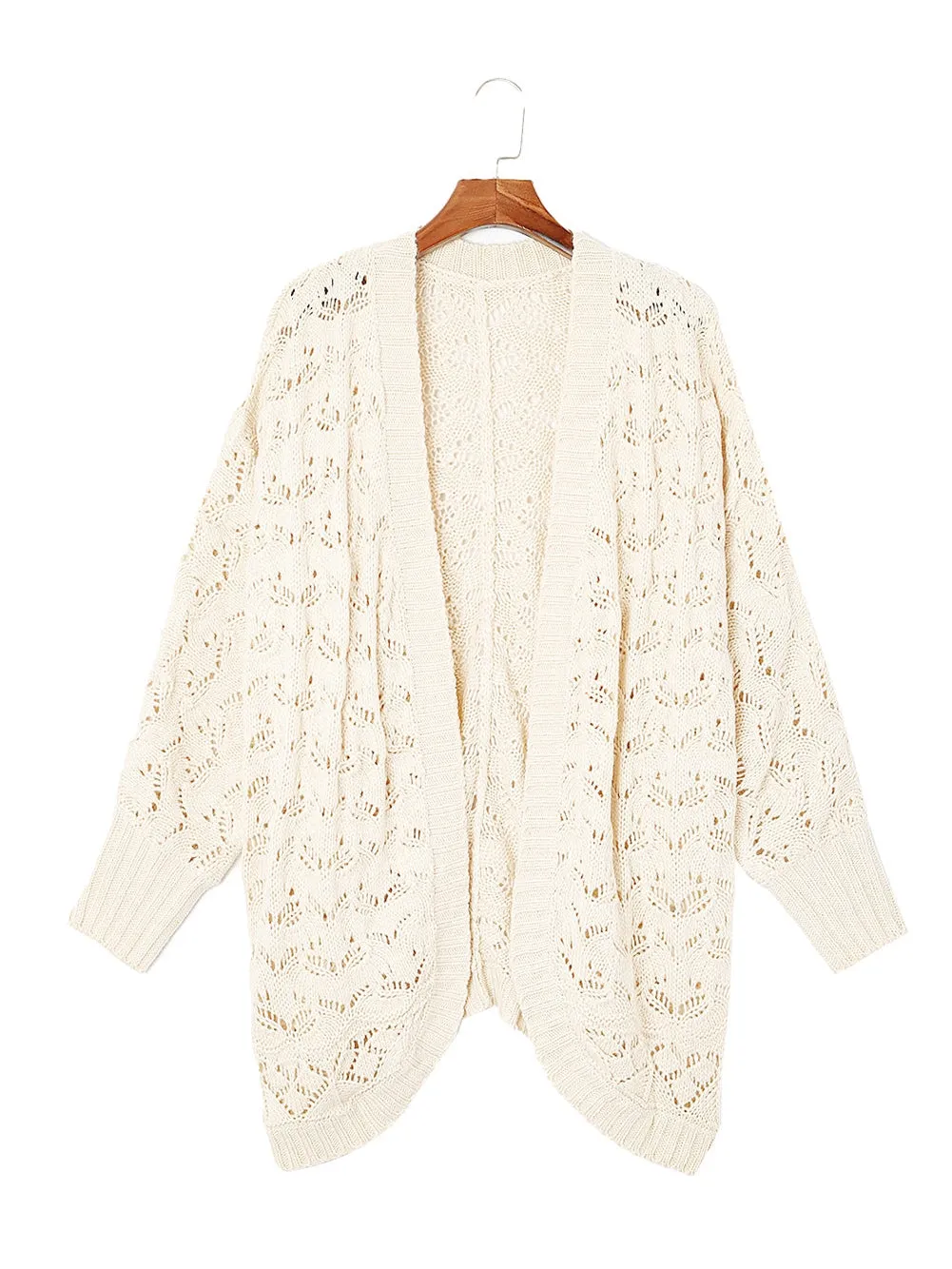 Beige Plus Size Textured Knit Open Ribbed Trim Cardigan