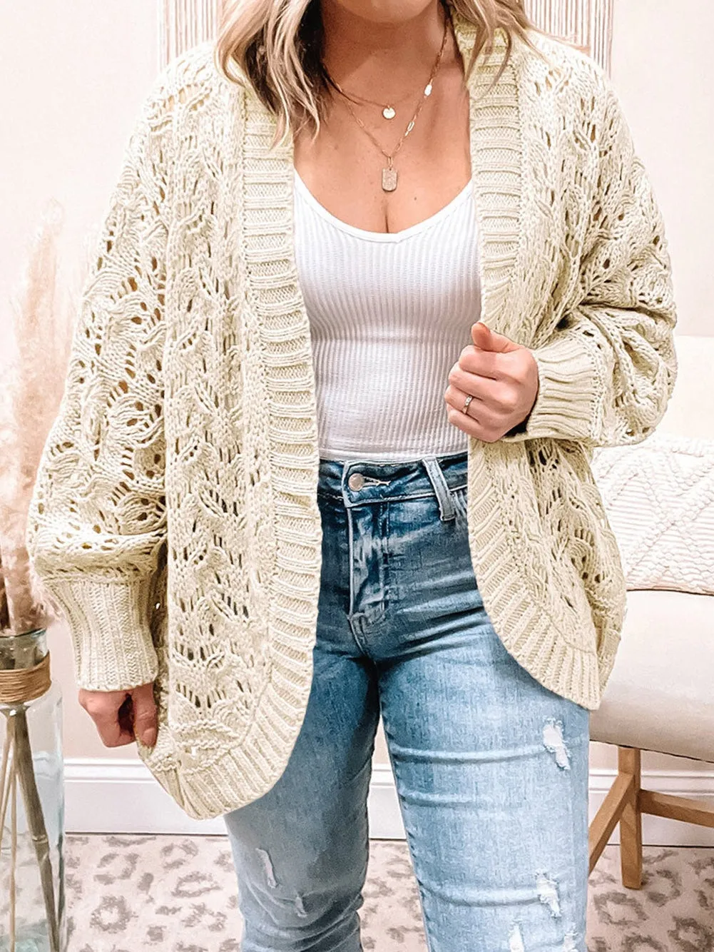 Beige Plus Size Textured Knit Open Ribbed Trim Cardigan