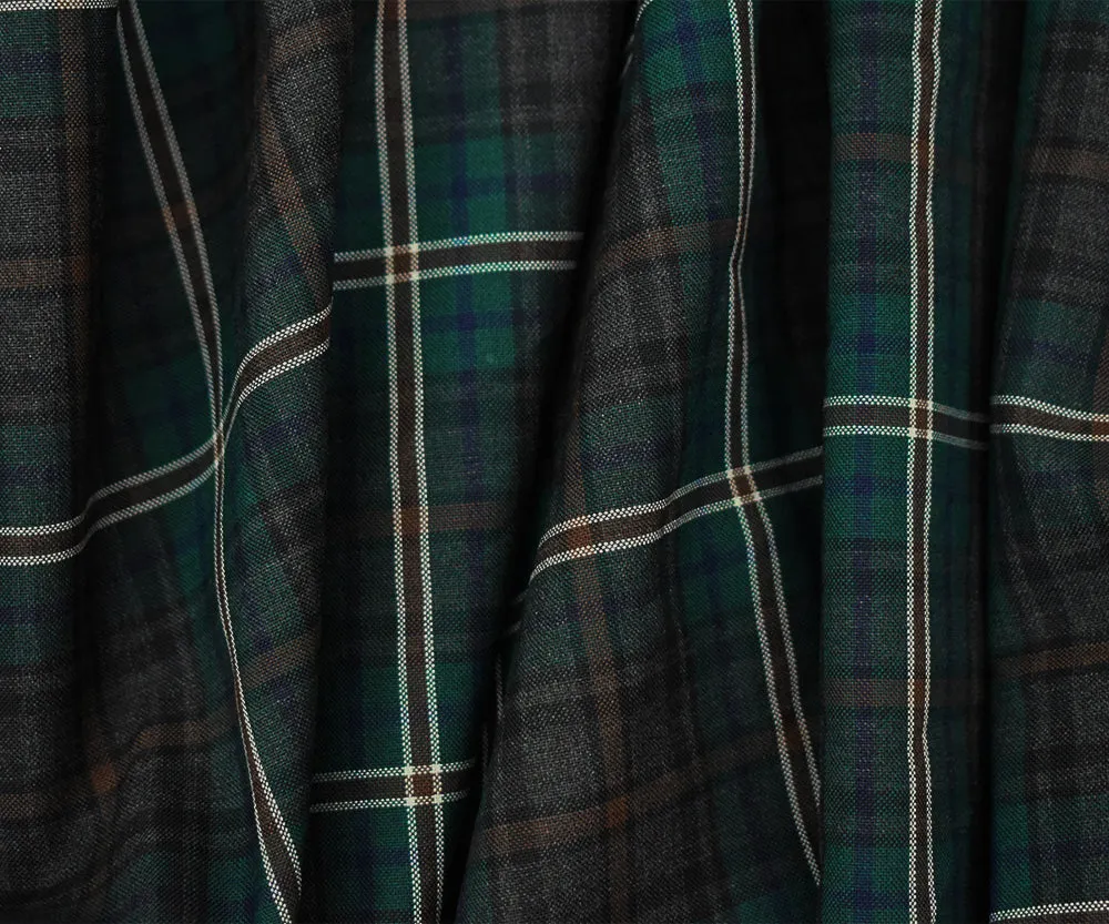 Brown-Green-Multi Wool Polyester Plaid Woven Shirting Fabric