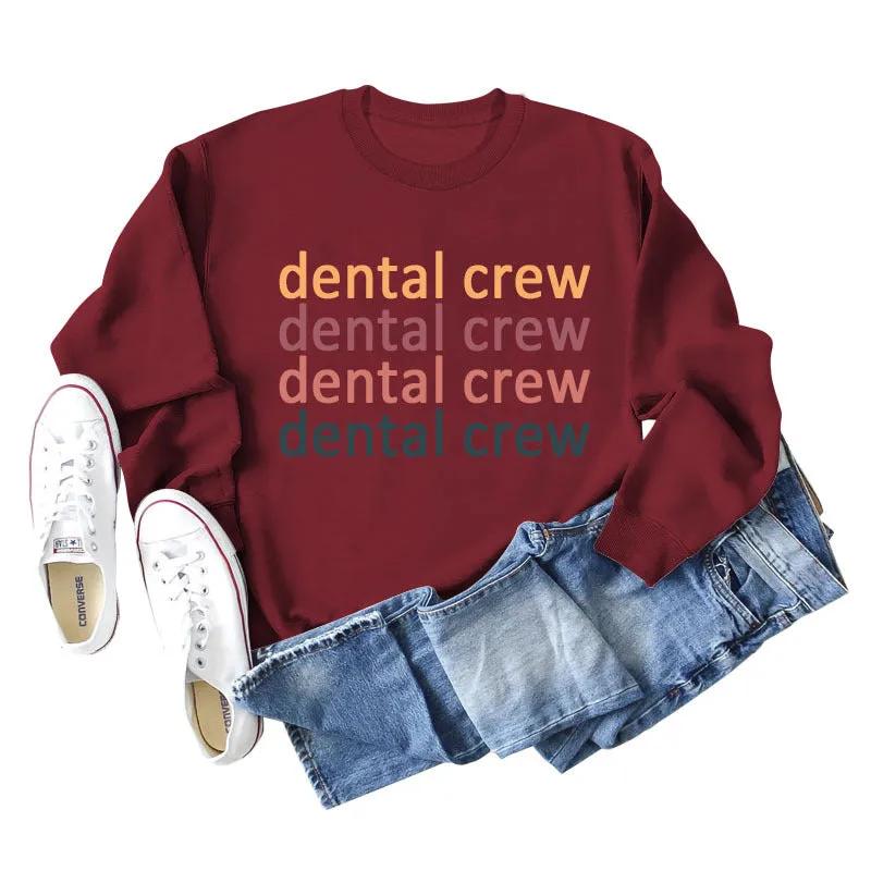 Dental Crew Letter Round Neck Autumn and Winter Bottoming Women's Long Sleeve Shirt Large Sweater