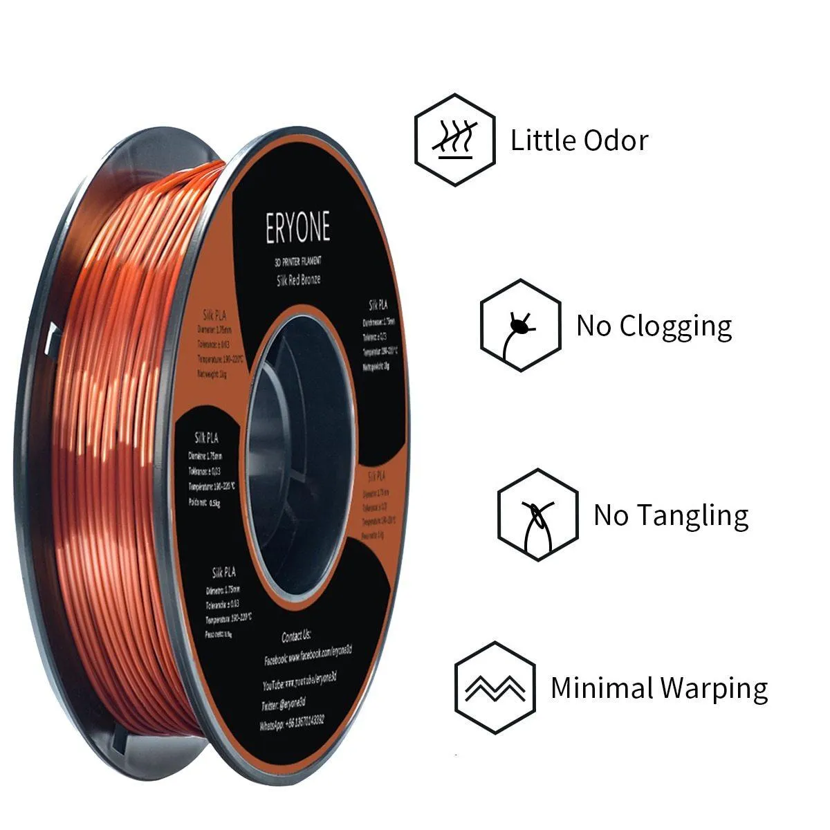 ERYONE Triple Pack 3x0.5kg PLA Silk Filament 1.75mm 3D Printer Filament Gold Silver Copper Rainbow 3x500g