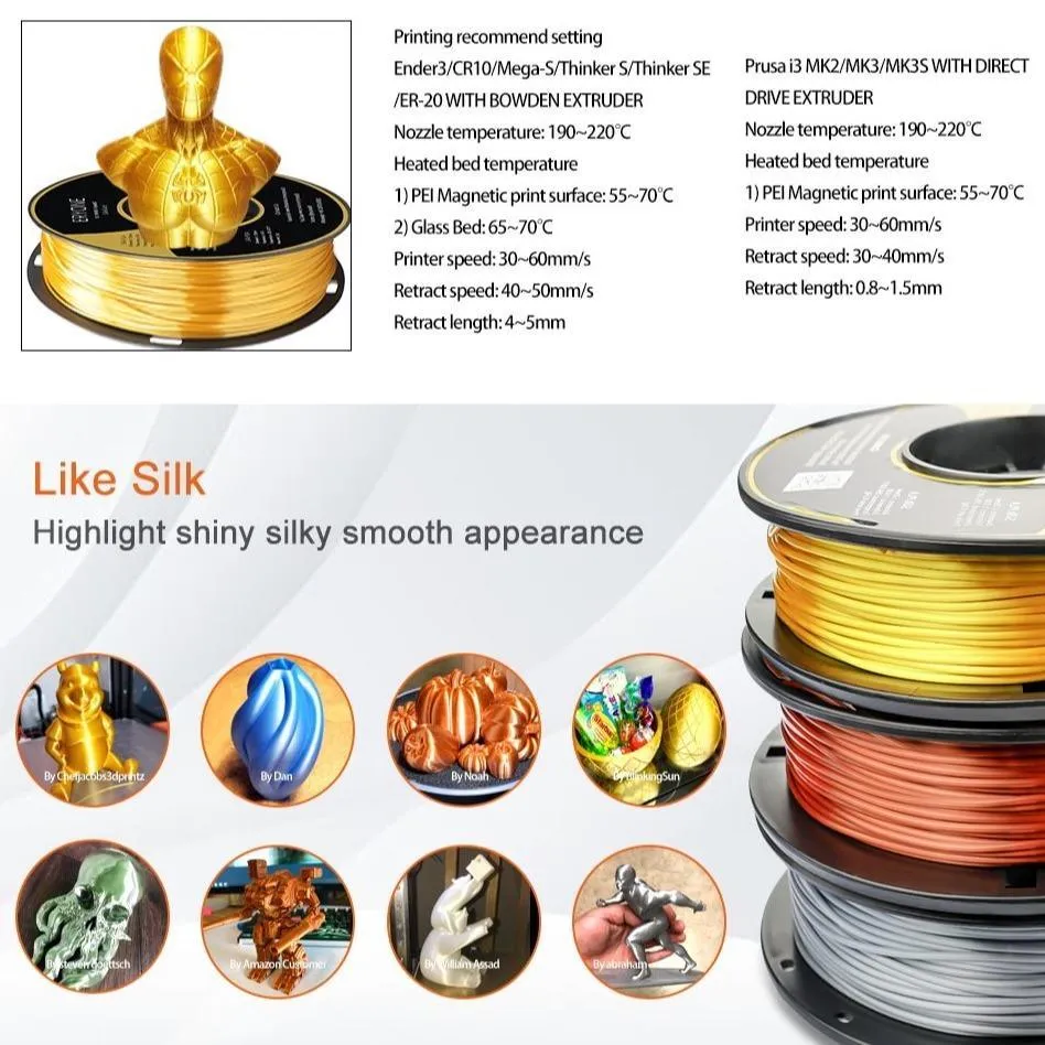 ERYONE Triple Pack 3x0.5kg PLA Silk Filament 1.75mm 3D Printer Filament Gold Silver Copper Rainbow 3x500g