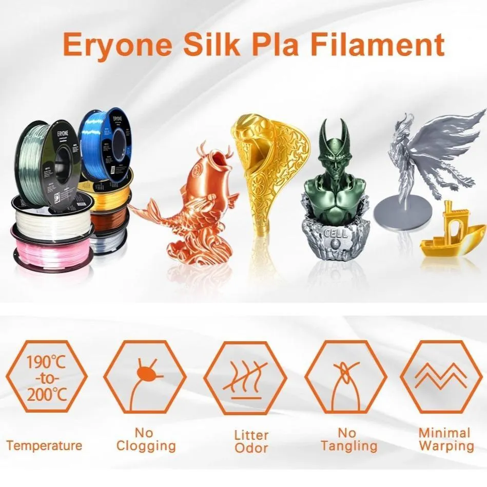 ERYONE Triple Pack 3x0.5kg PLA Silk Filament 1.75mm 3D Printer Filament Gold Silver Copper Rainbow 3x500g