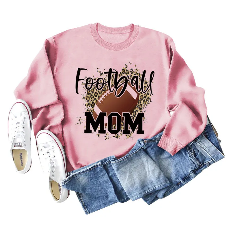 FOOTBALL MOM LETTERS Leopard Underlay Long Sleeve Oversized Sweater Girl