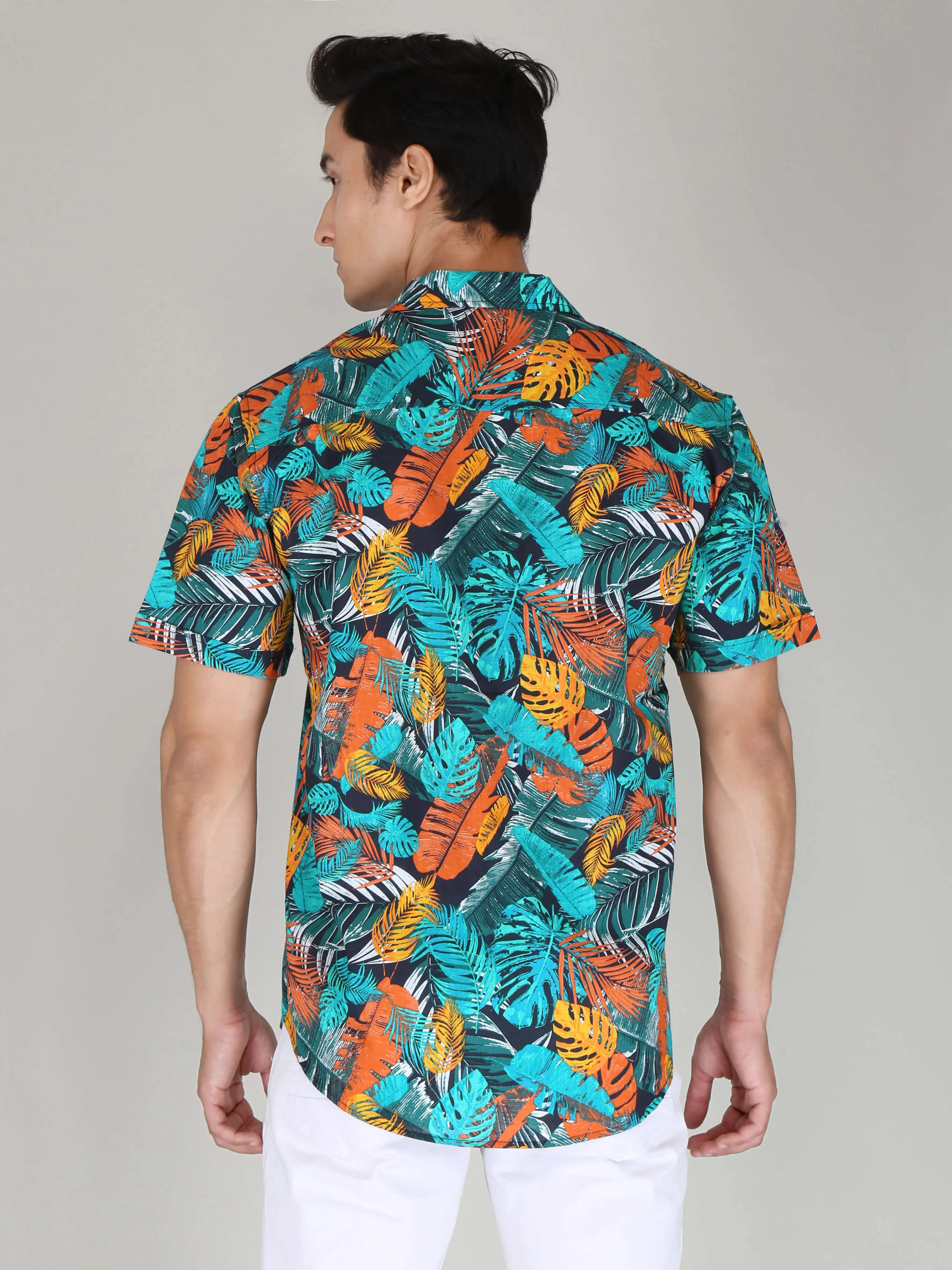 Green Orange Leaf Printed Pure Cotton Shirts for Men