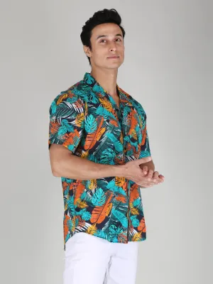 Green Orange Leaf Printed Pure Cotton Shirts for Men