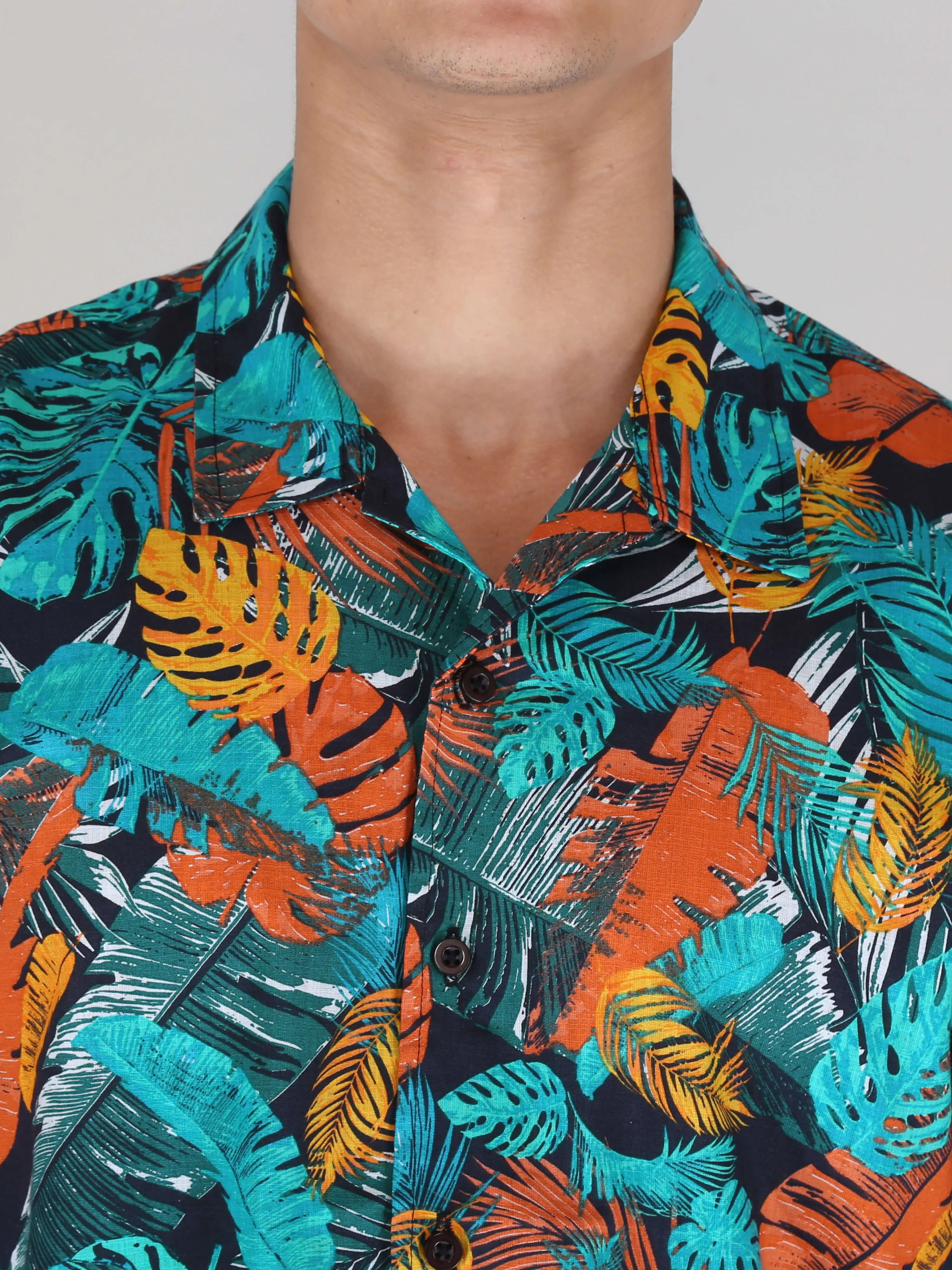 Green Orange Leaf Printed Pure Cotton Shirts for Men