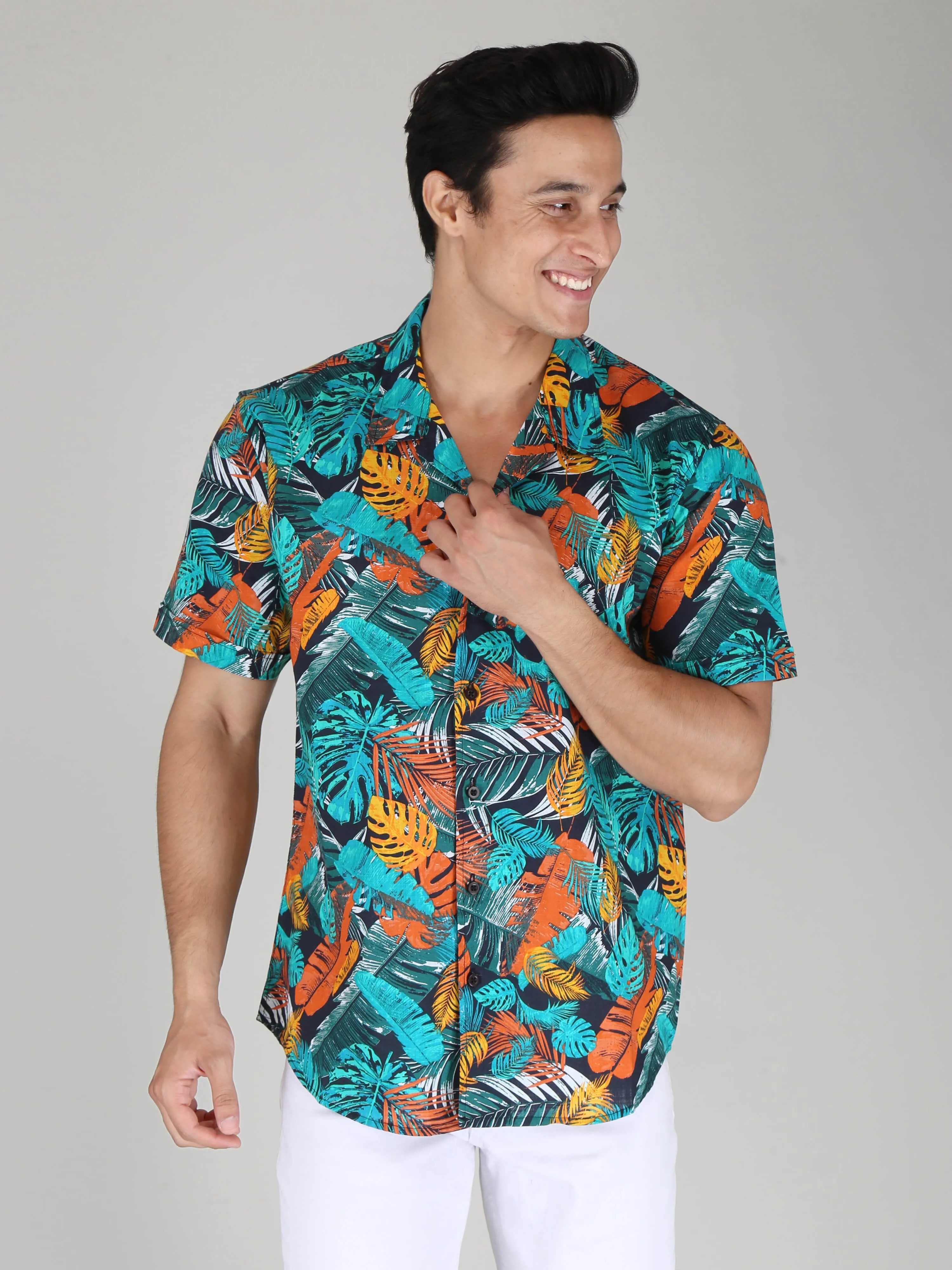 Green Orange Leaf Printed Pure Cotton Shirts for Men