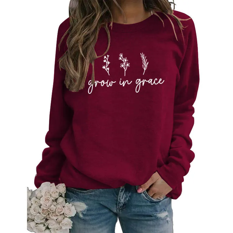 Grow In Grace Lettering Fashion Women's Long-sleeved Crewneck Sweatshirt