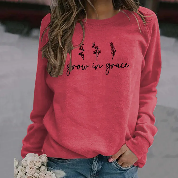 Grow In Grace Lettering Fashion Women's Long-sleeved Crewneck Sweatshirt