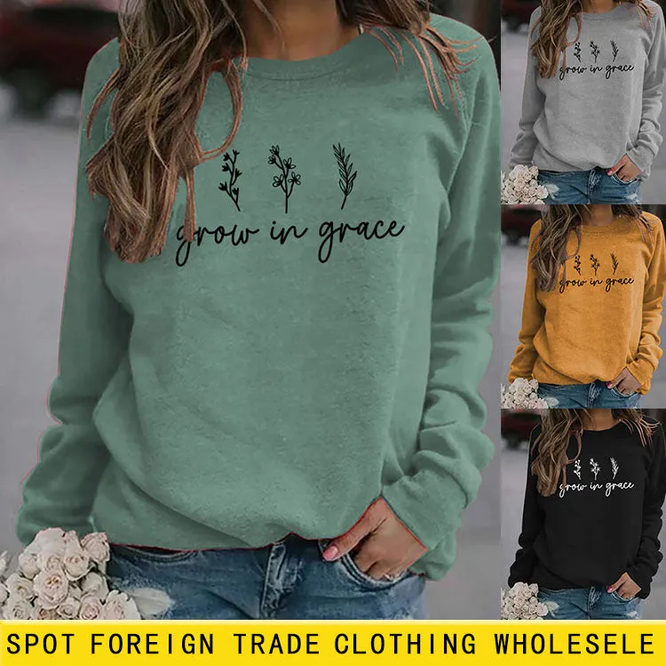 Grow In Grace Lettering Fashion Women's Long-sleeved Crewneck Sweatshirt