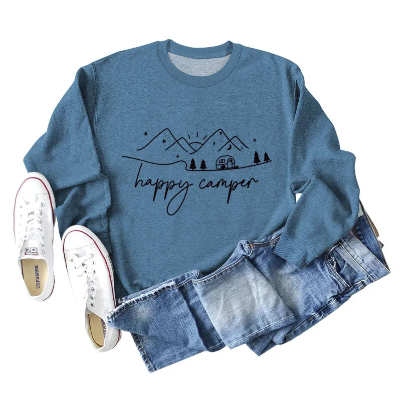 Happy Camper Letter Printing Fashion Long Sleeve Round Neck Loose Sweater