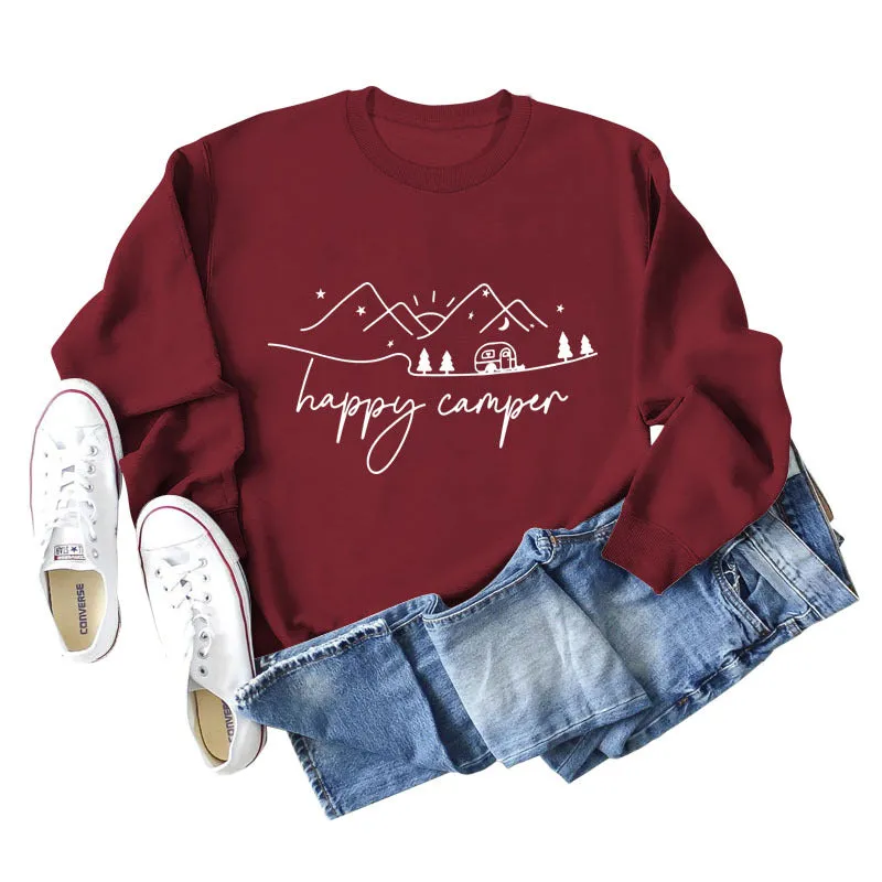 Happy Camper Letter Printing Fashion Long Sleeve Round Neck Loose Sweater