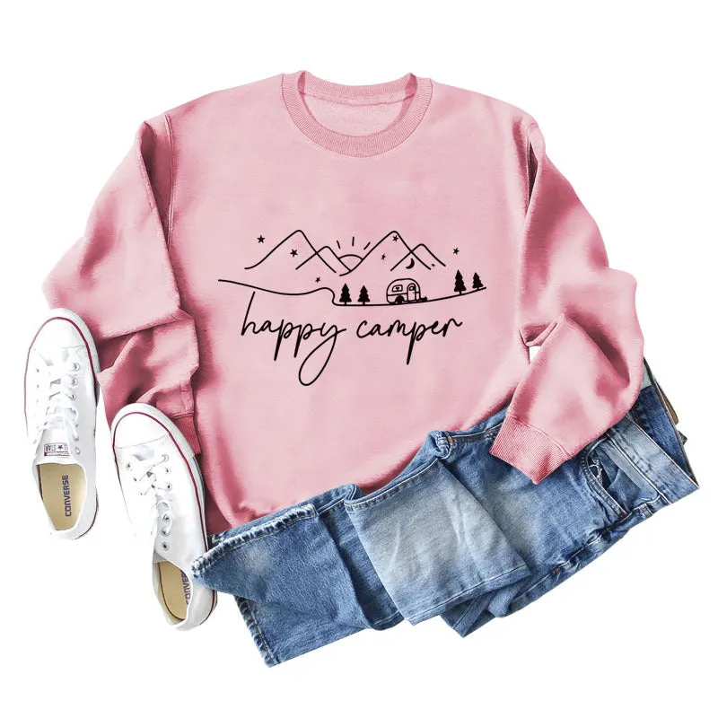 Happy Camper Letter Printing Fashion Long Sleeve Round Neck Loose Sweater