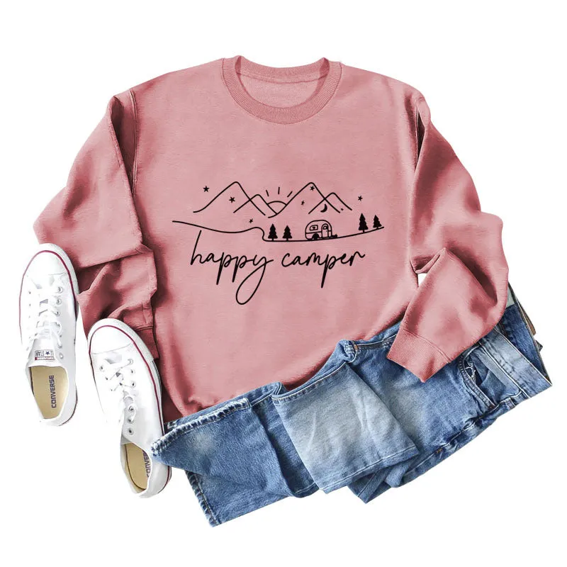 Happy Camper Letter Printing Fashion Long Sleeve Round Neck Loose Sweater