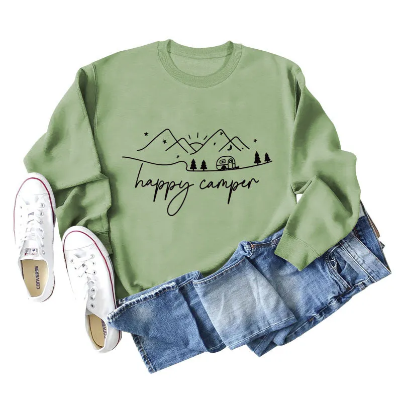 Happy Camper Letter Printing Fashion Long Sleeve Round Neck Loose Sweater