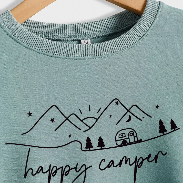 Happy Camper Letter Printing Fashion Long Sleeve Round Neck Loose Sweater