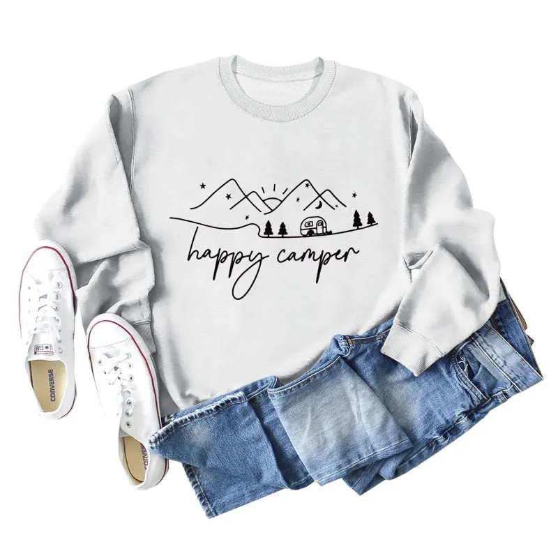 Happy Camper Letter Printing Fashion Long Sleeve Round Neck Loose Sweater