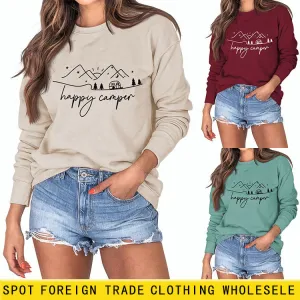 Happy Camper Letter Printing Fashion Long Sleeve Round Neck Loose Sweater