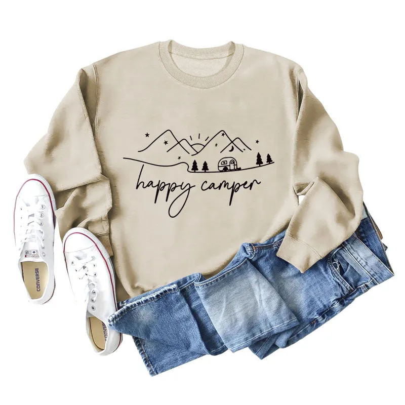 Happy Camper Letter Printing Fashion Long Sleeve Round Neck Loose Sweater