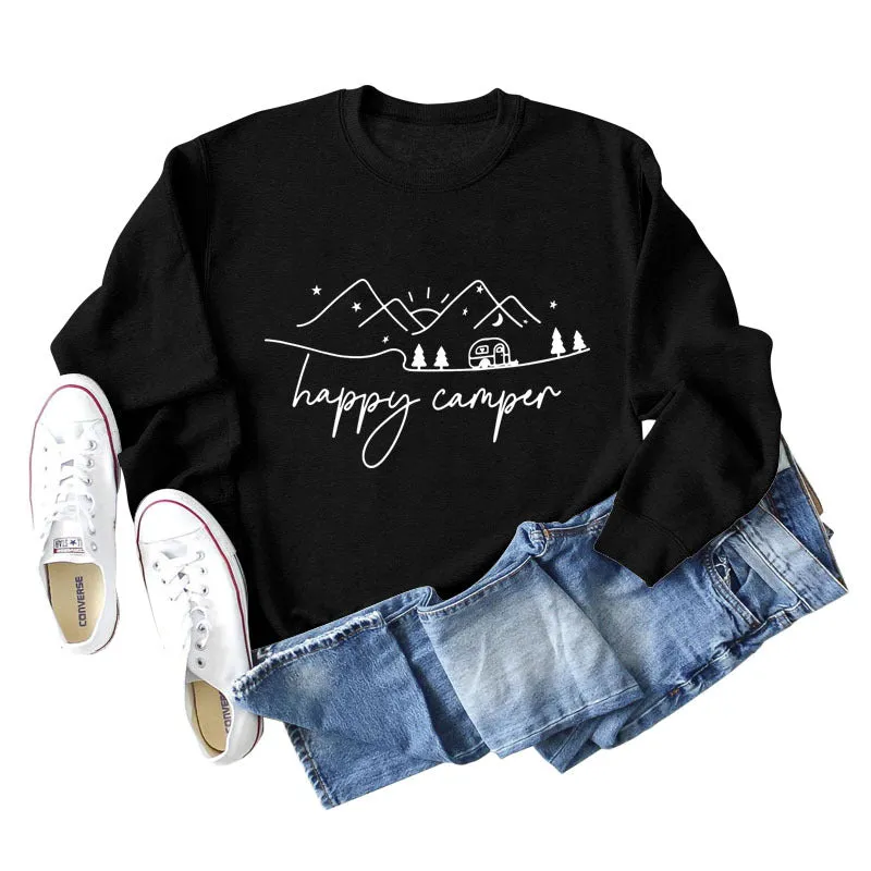 Happy Camper Letter Printing Fashion Long Sleeve Round Neck Loose Sweater