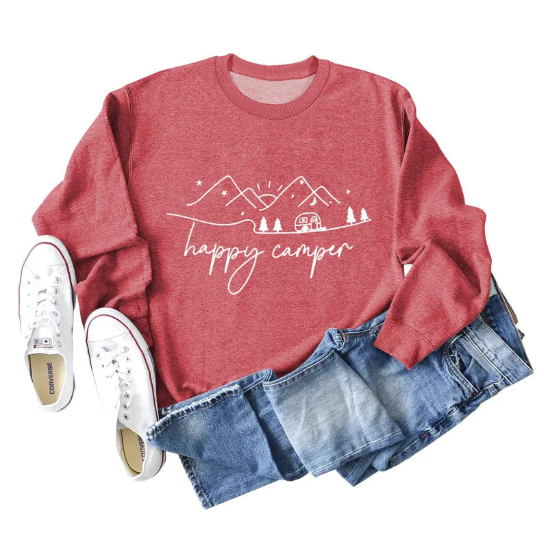 Happy Camper Letter Printing Fashion Long Sleeve Round Neck Loose Sweater