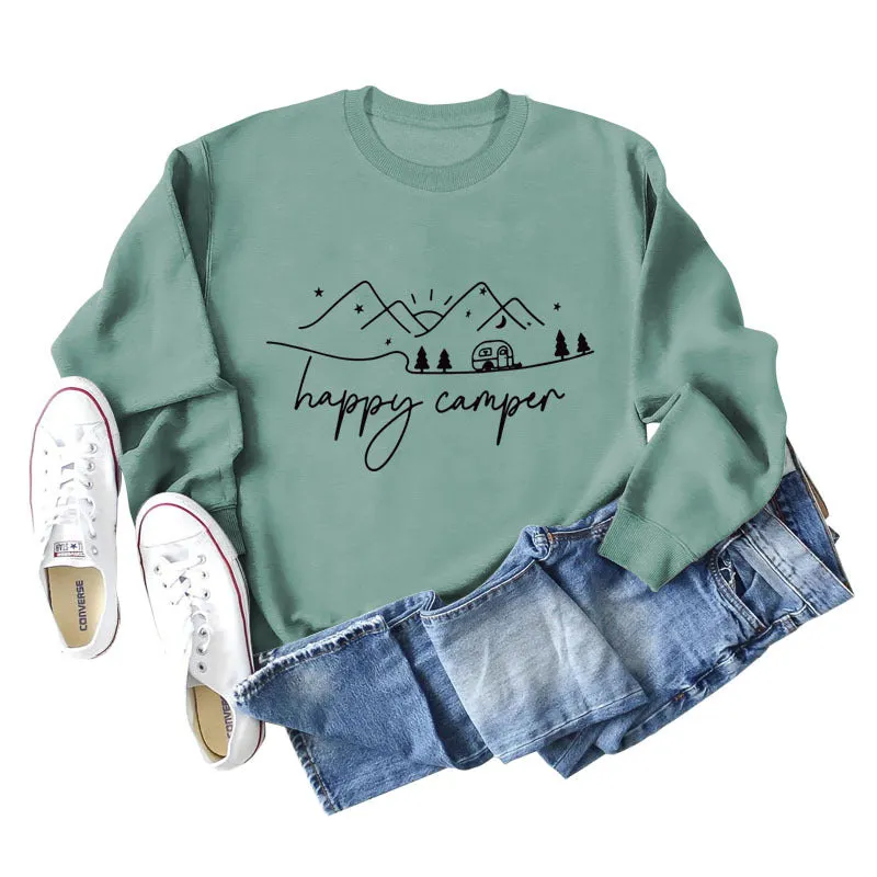 Happy Camper Letter Printing Fashion Long Sleeve Round Neck Loose Sweater