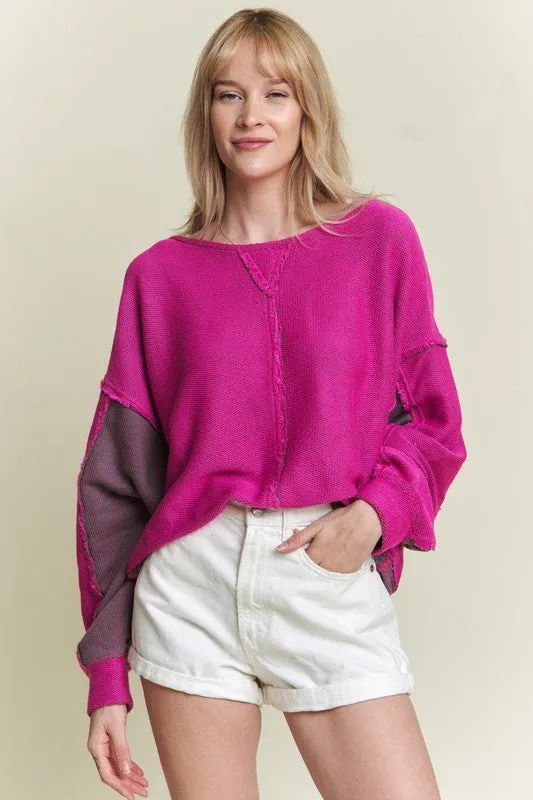 LONG DOLMAN SLEEVE ROUND NECK CASUAL KNIT SWEATER