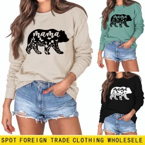 Mama Bear Letter Printing Round Neck Loose Bottoming Long-sleeved Shirt Ladies Plus Size Sweater