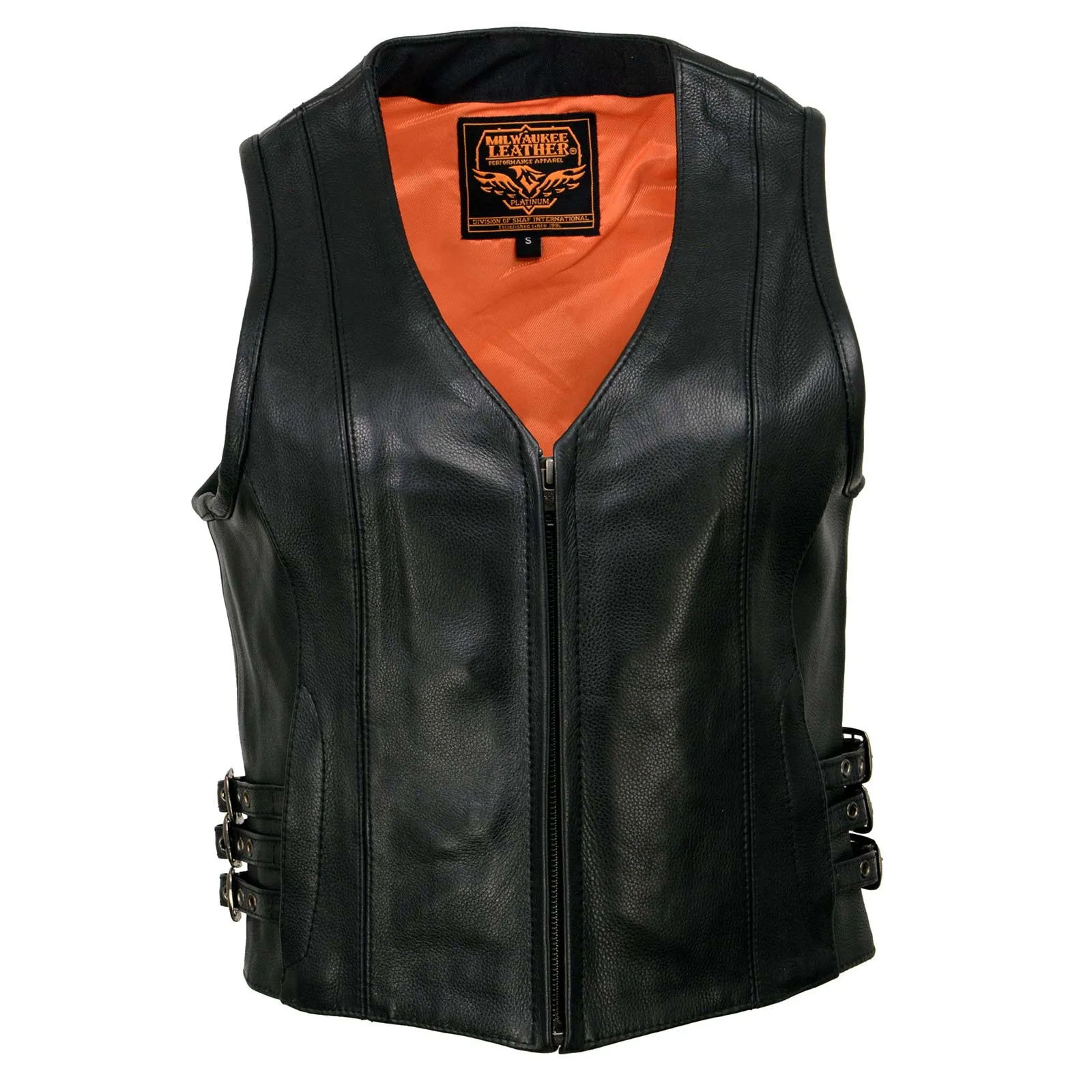 Milwaukee Leather MLL4510 Women's Black Naked Leather Side Buckle Motorcycle Rider Vest with Front Zip Closure