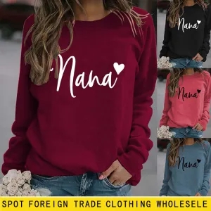 Nana Heart Letter Print Round Neck Long Sleeve Loose Plus Size Sweatshirt