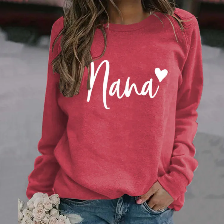 Nana Heart Letter Print Round Neck Long Sleeve Loose Plus Size Sweatshirt