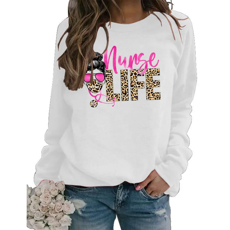 Nunse Life Letters Round Neck Autumn and Winter Long-sleeved Spot Leopard Girl Printed Sweatshirt