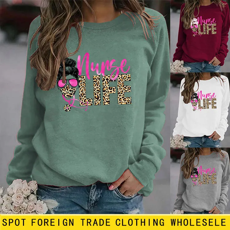 Nunse Life Letters Round Neck Autumn and Winter Long-sleeved Spot Leopard Girl Printed Sweatshirt