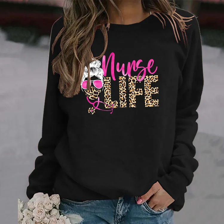 Nunse Life Letters Round Neck Autumn and Winter Long-sleeved Spot Leopard Girl Printed Sweatshirt