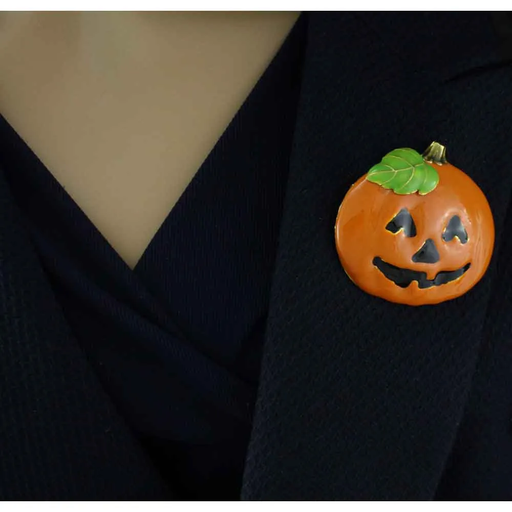 Orange Enamel Painted Face Jack O Lantern Pumpkin Brooch Pin - PF242