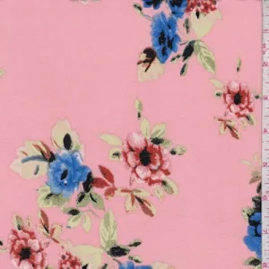 Peach Pink/Blue Multi Floral Brushed Jersey Knit Fabric