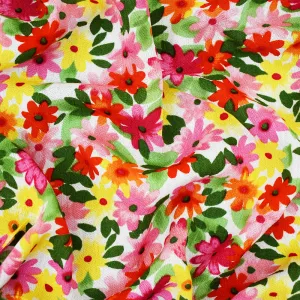 Pink-Yellow-Multi Floral Printed Crinkled Cotton Gauze Woven Fabric