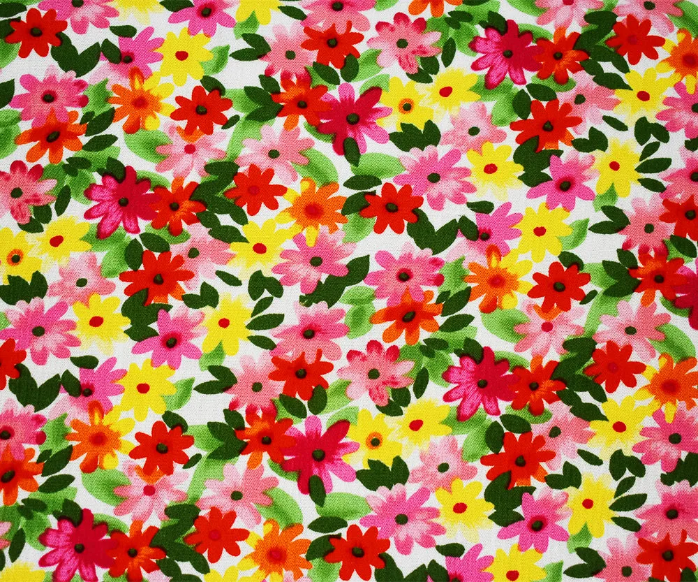 Pink-Yellow-Multi Floral Printed Crinkled Cotton Gauze Woven Fabric