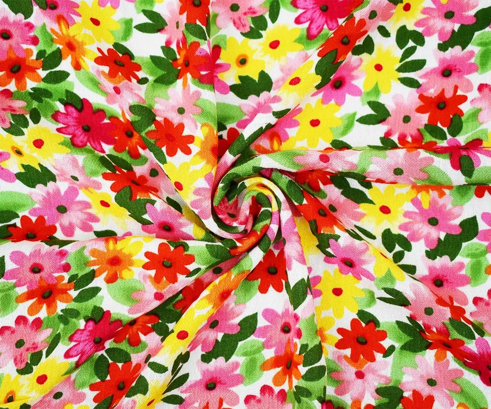 Pink-Yellow-Multi Floral Printed Crinkled Cotton Gauze Woven Fabric