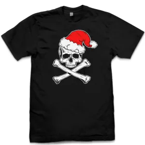 Pins & Bones Funny Christmas Shirts, Skull and Crossbone, Santa Shirt, Black Graphic Tee