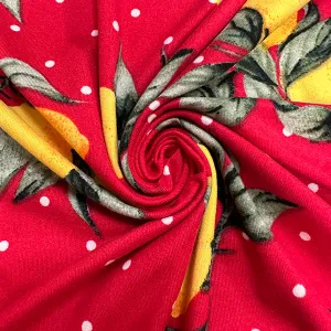 Red Lemon Polka Dot Print Double Brushed Jersey Knit Fabric