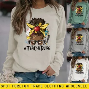 Teacherlife Apple Letter Print Loose Long Sleeve Sweater Girl