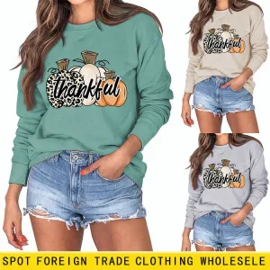 Thankful Pumpkin Leopard Print Letters Halloween Print Round Neck Long Sleeve Women's Sweatshirt