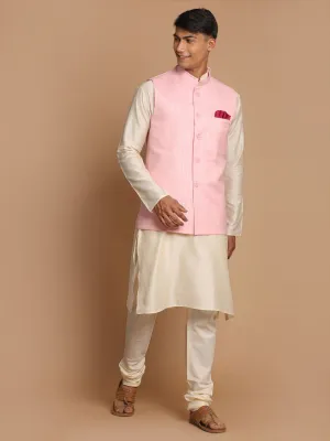 VASTRAMAY Cream Cotton Kurta Set with Linen Nehru Jacket